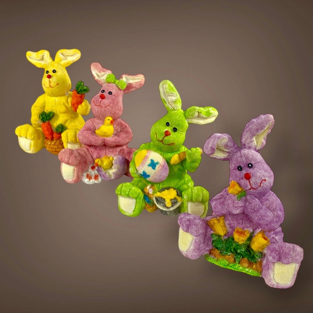 Easter Bunny Figurines Set of 4‎ Resin with Plush Look 2001 Vintage